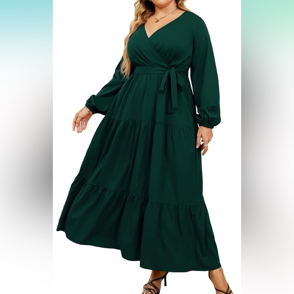 Amazon - Green Long Sleeve V-Neck Dress - Size: 4X